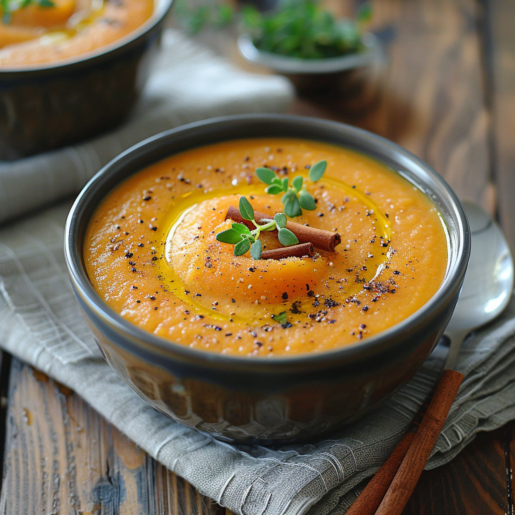 A bowl of soup with a spoon in it.