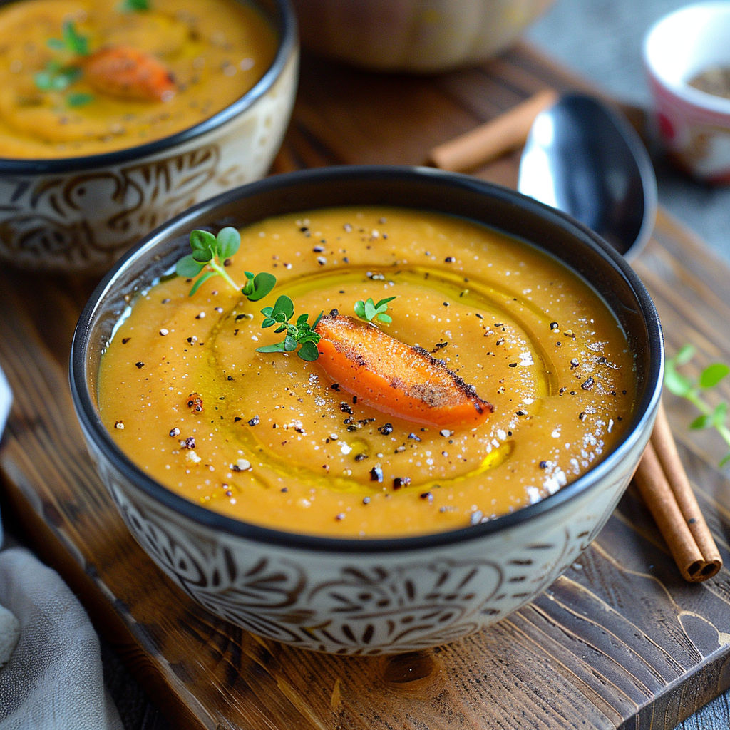 A bowl of soup with a carrot on top.