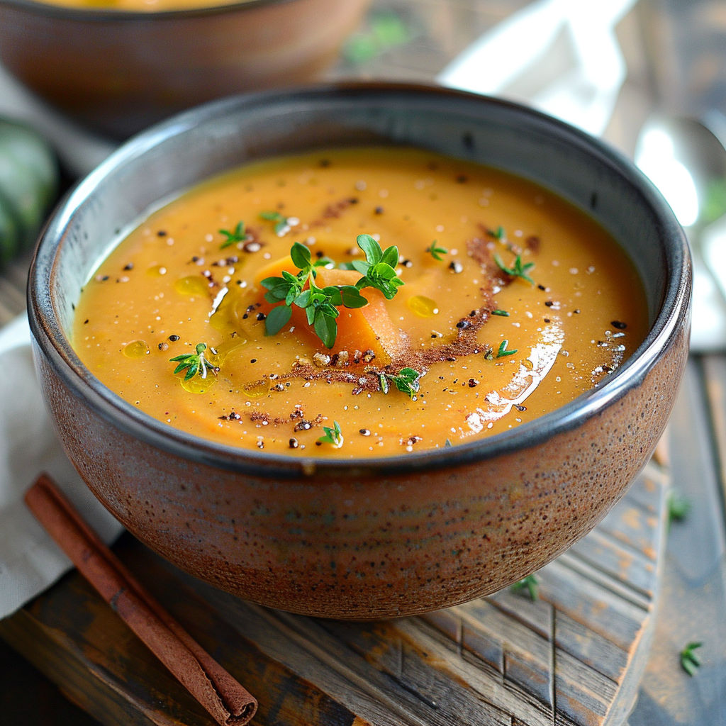 A bowl of soup with a spoon in it.
