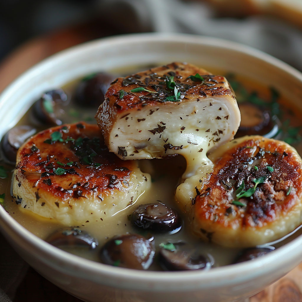 A bowl of soup with meat and mushrooms.