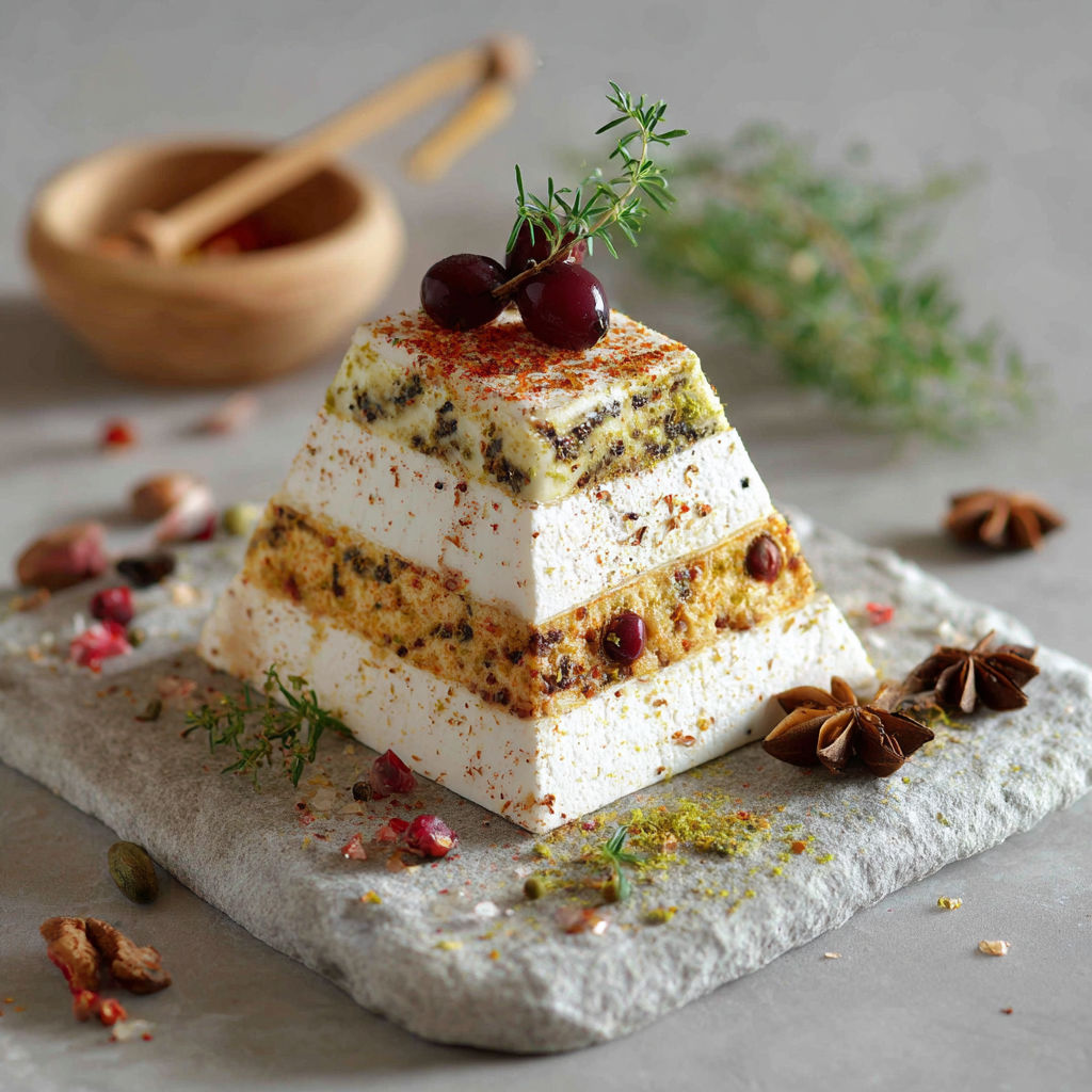 A pyramid of cheese with a cherry on top.