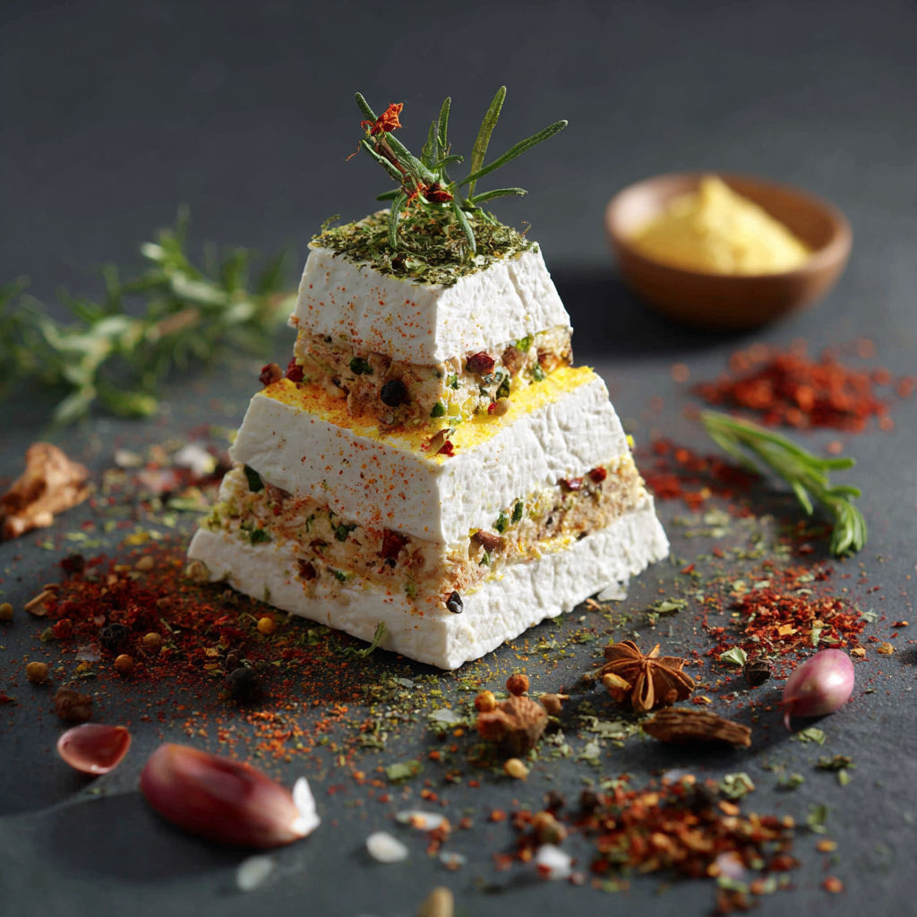 A stack of three white cakes with green toppings.