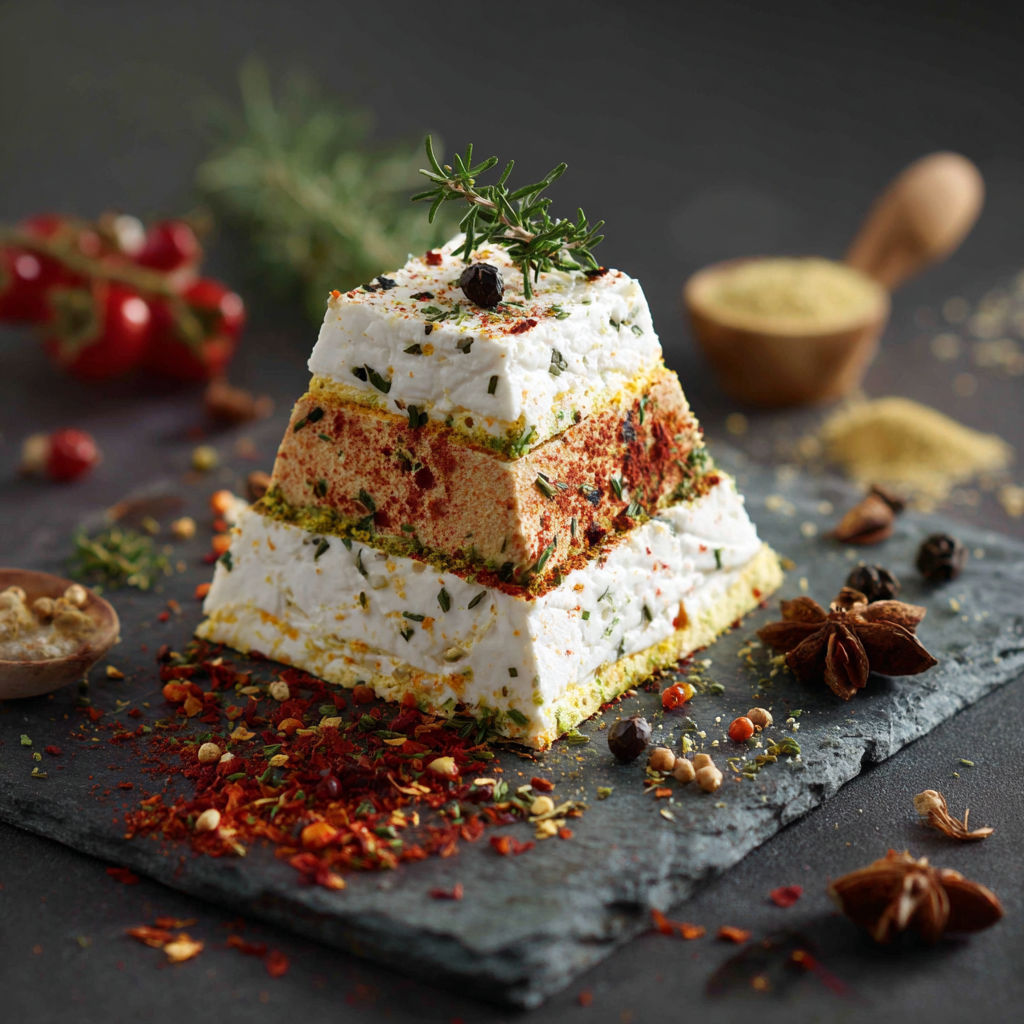 A stack of three white cakes with green toppings.