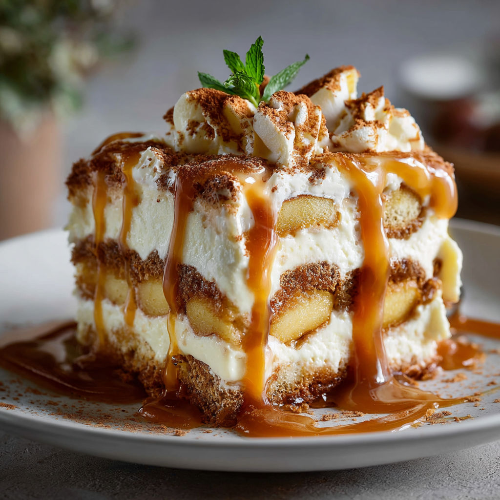 A slice of caramel pommes poêlées tiramisu.
