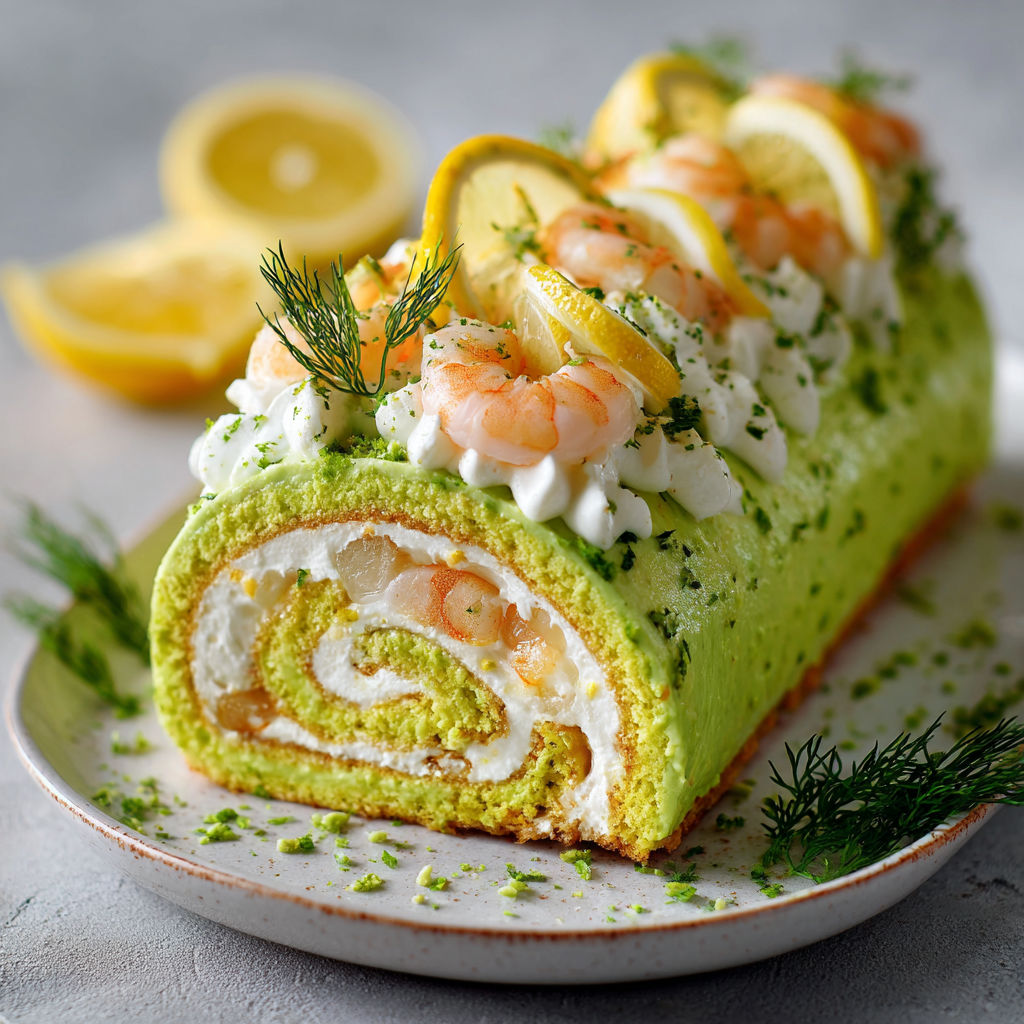 A cake with shrimp and avocado on it.