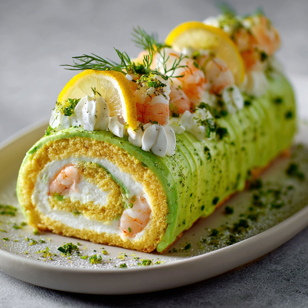 A plate of food with a roll of shrimp and lemon.