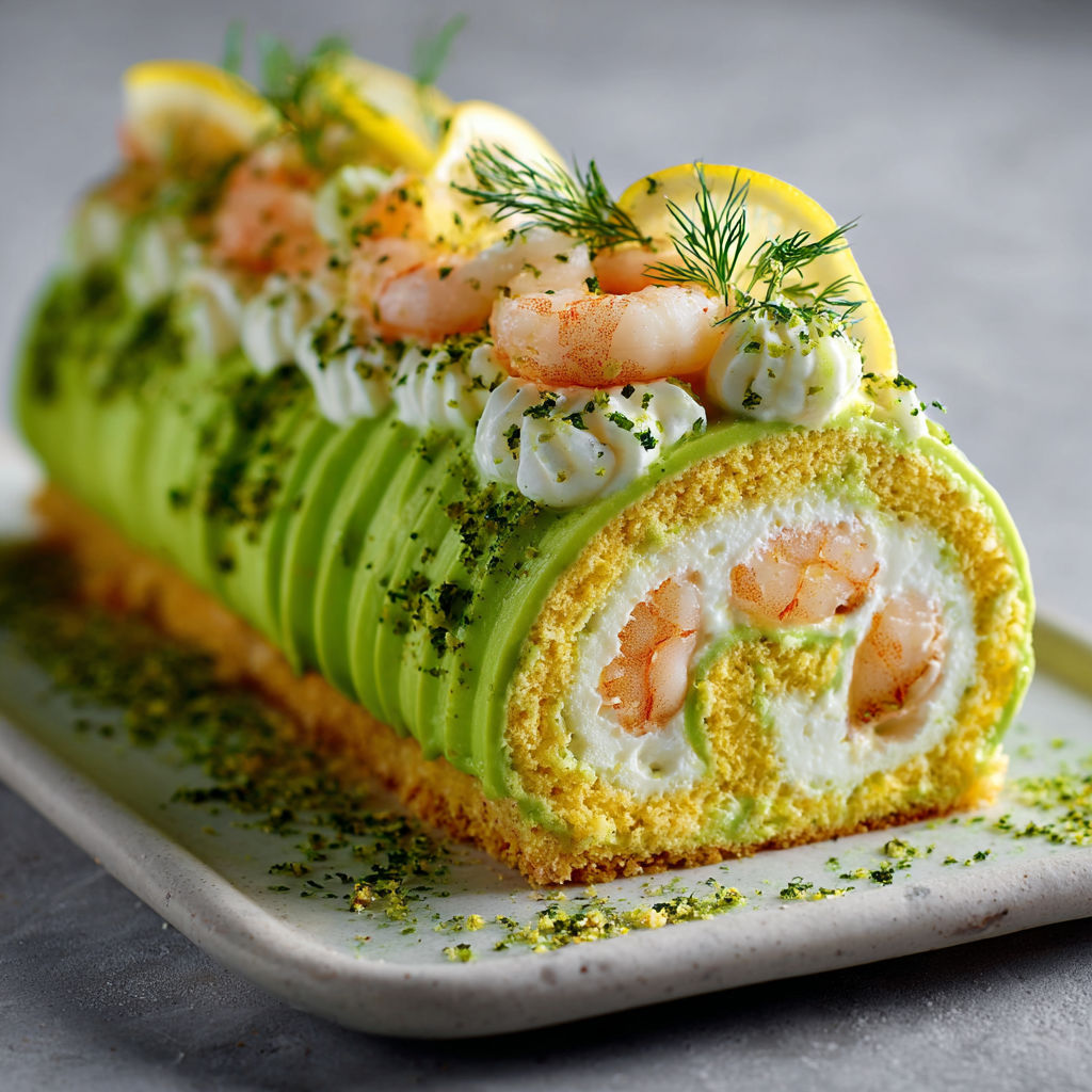 A cake with shrimp and lemon on it.