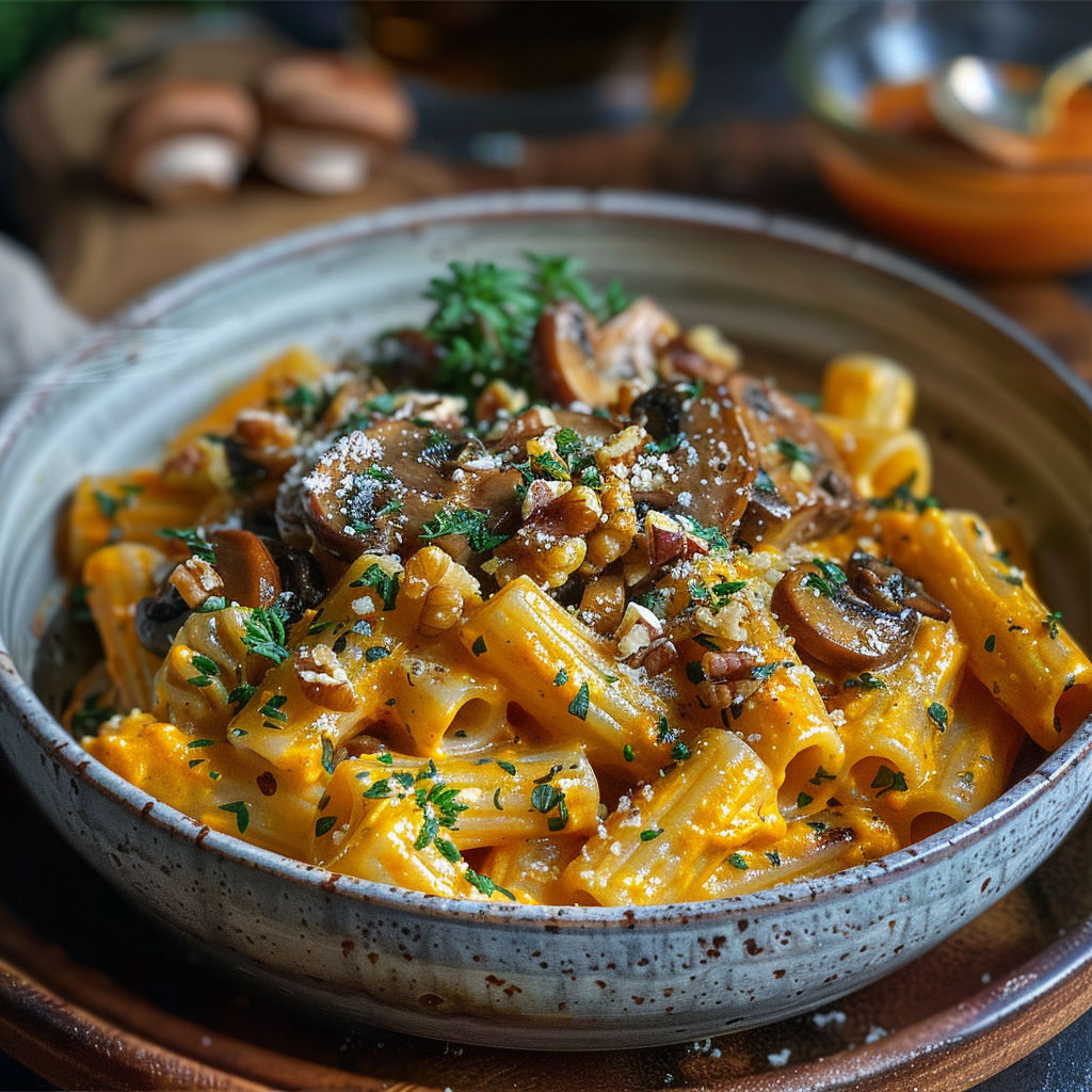A bowl of pasta with mushrooms and nuts.