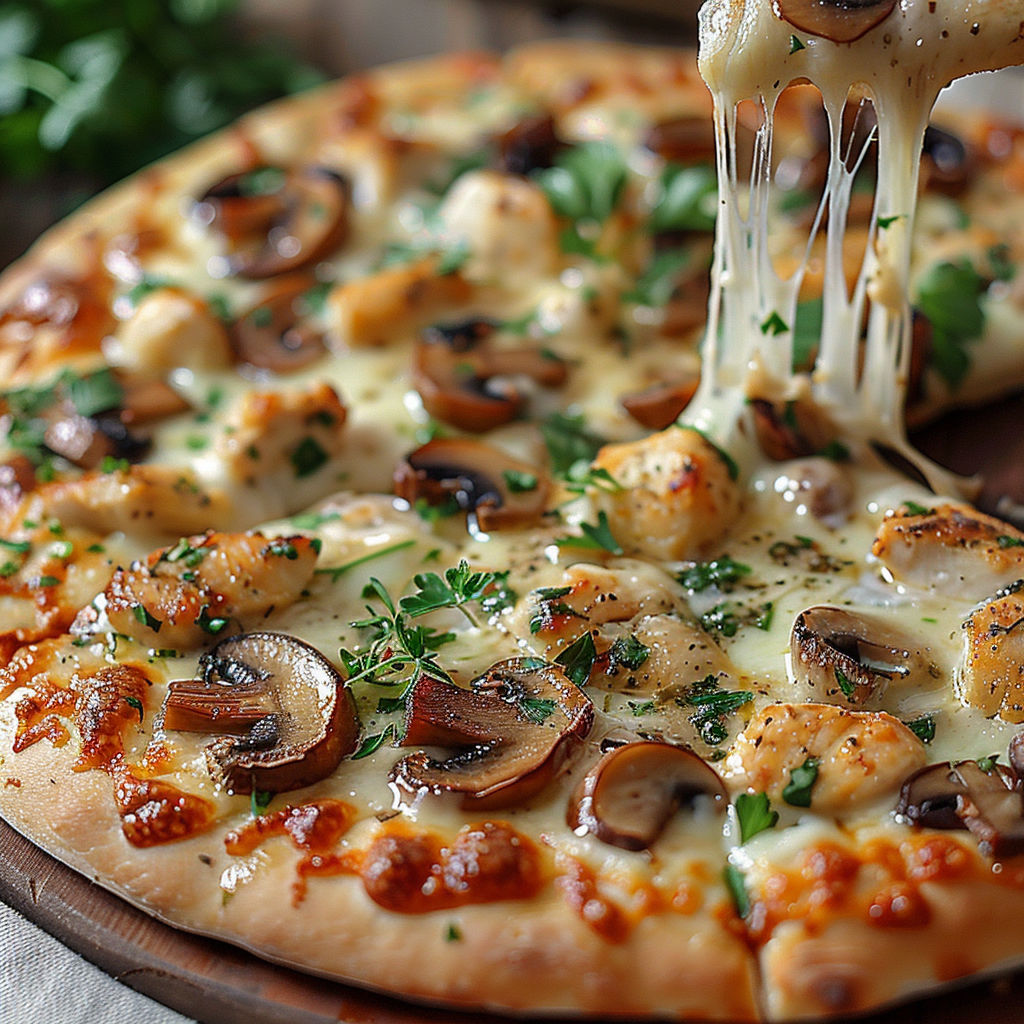 A pizza with mushrooms and chicken.