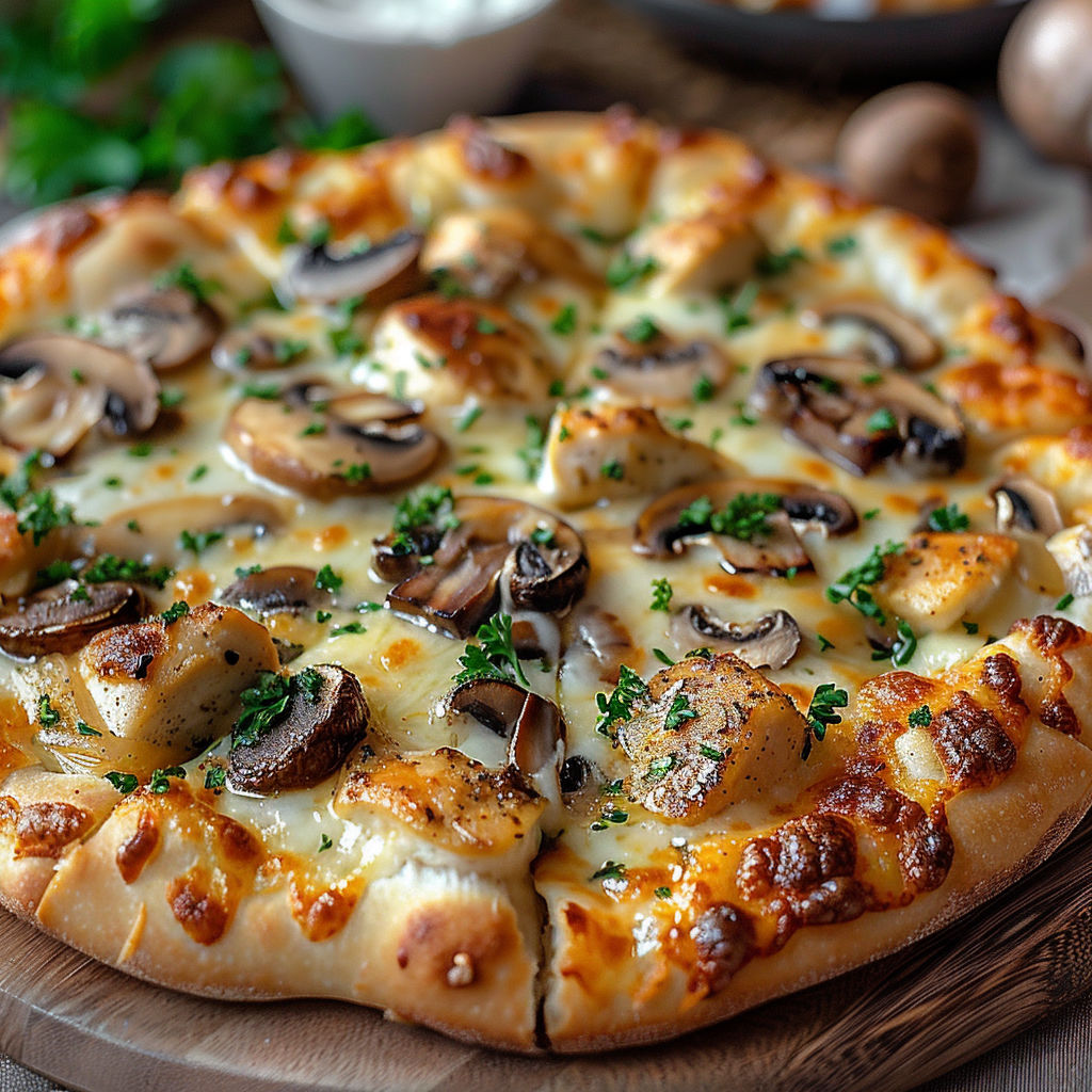 A pizza with mushrooms and cheese.