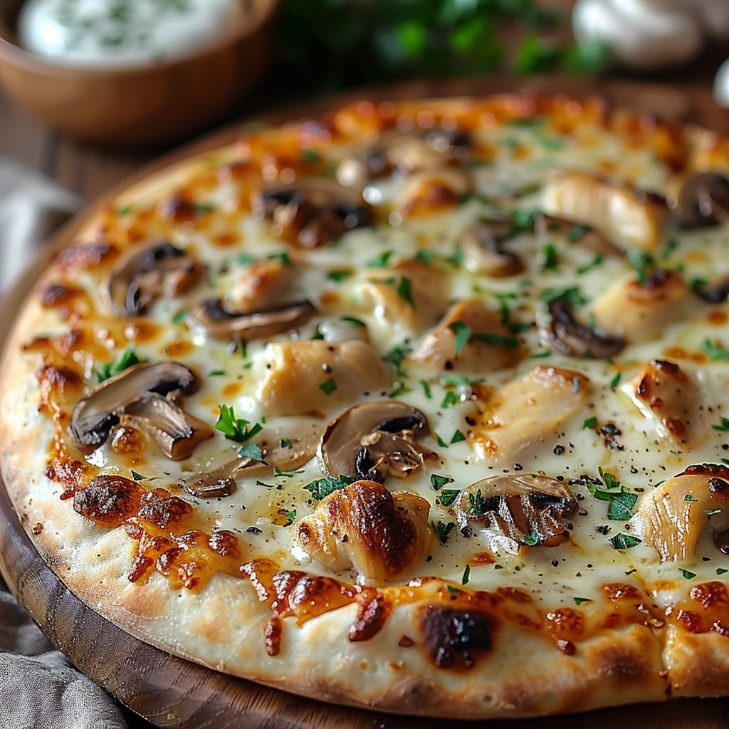 A pizza with mushrooms and cheese on a wooden board.