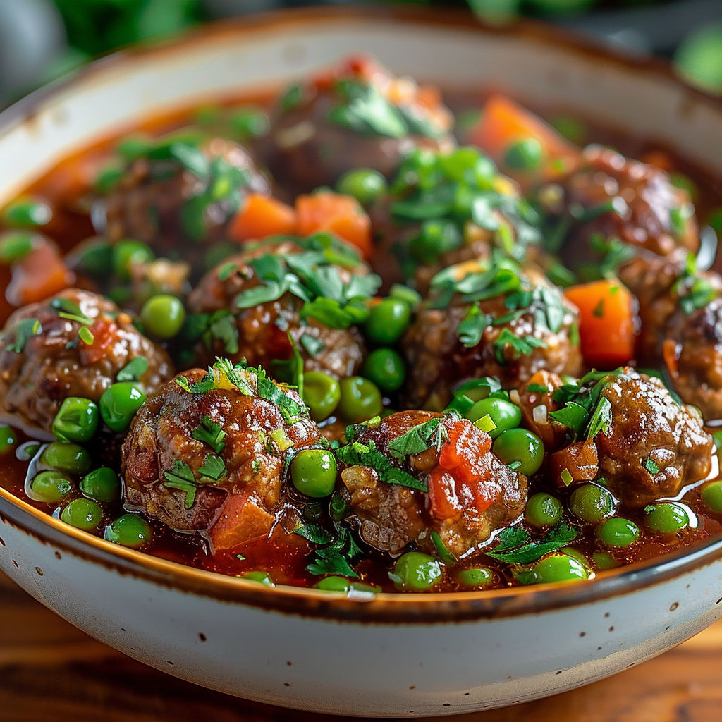 A bowl of meatballs with peas and tomatoes.