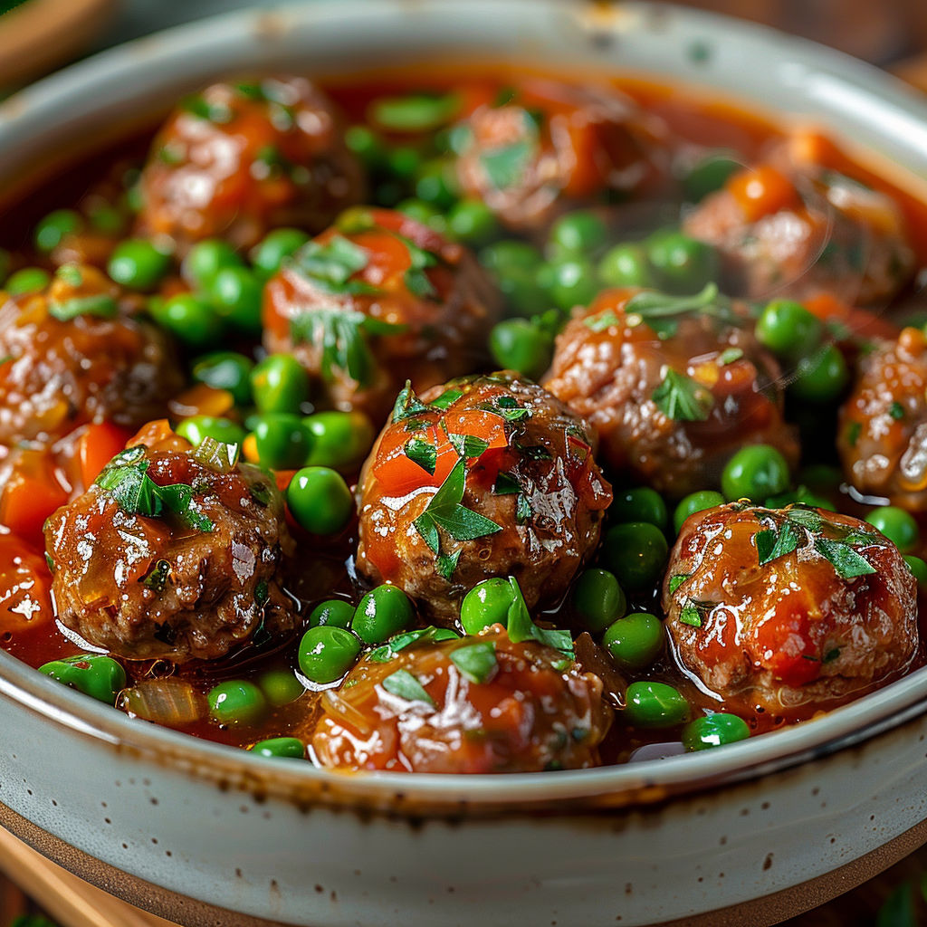A bowl of meatballs with peas.