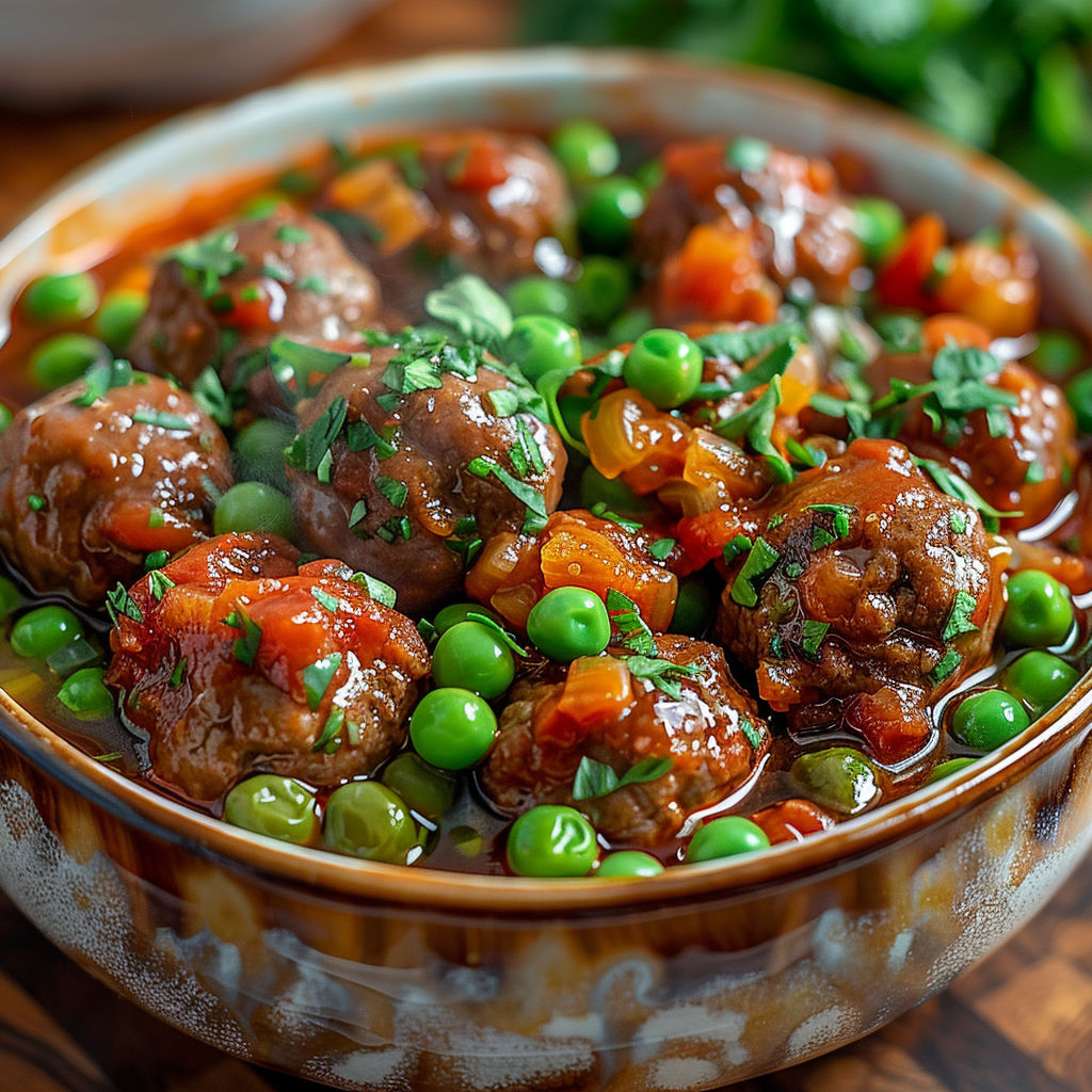 A bowl of meat and peas.