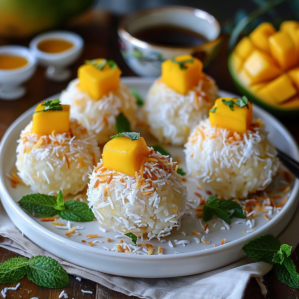 A plate of coconut and mango flavored rice balls.
