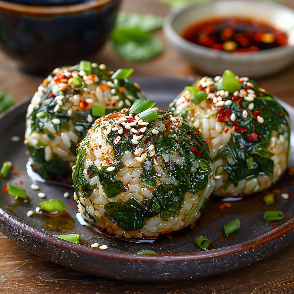 Three green and red vegetable balls on a plate.