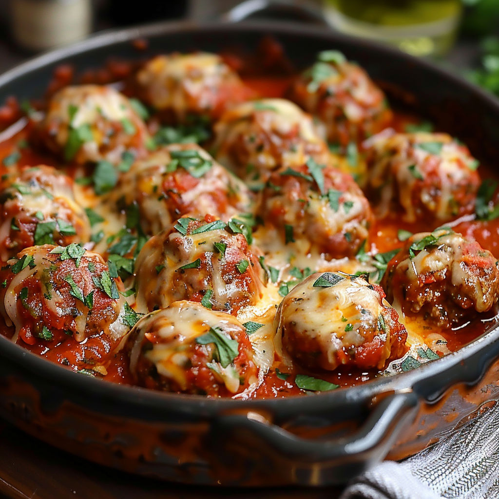 A pan of meatballs with cheese and herbs.