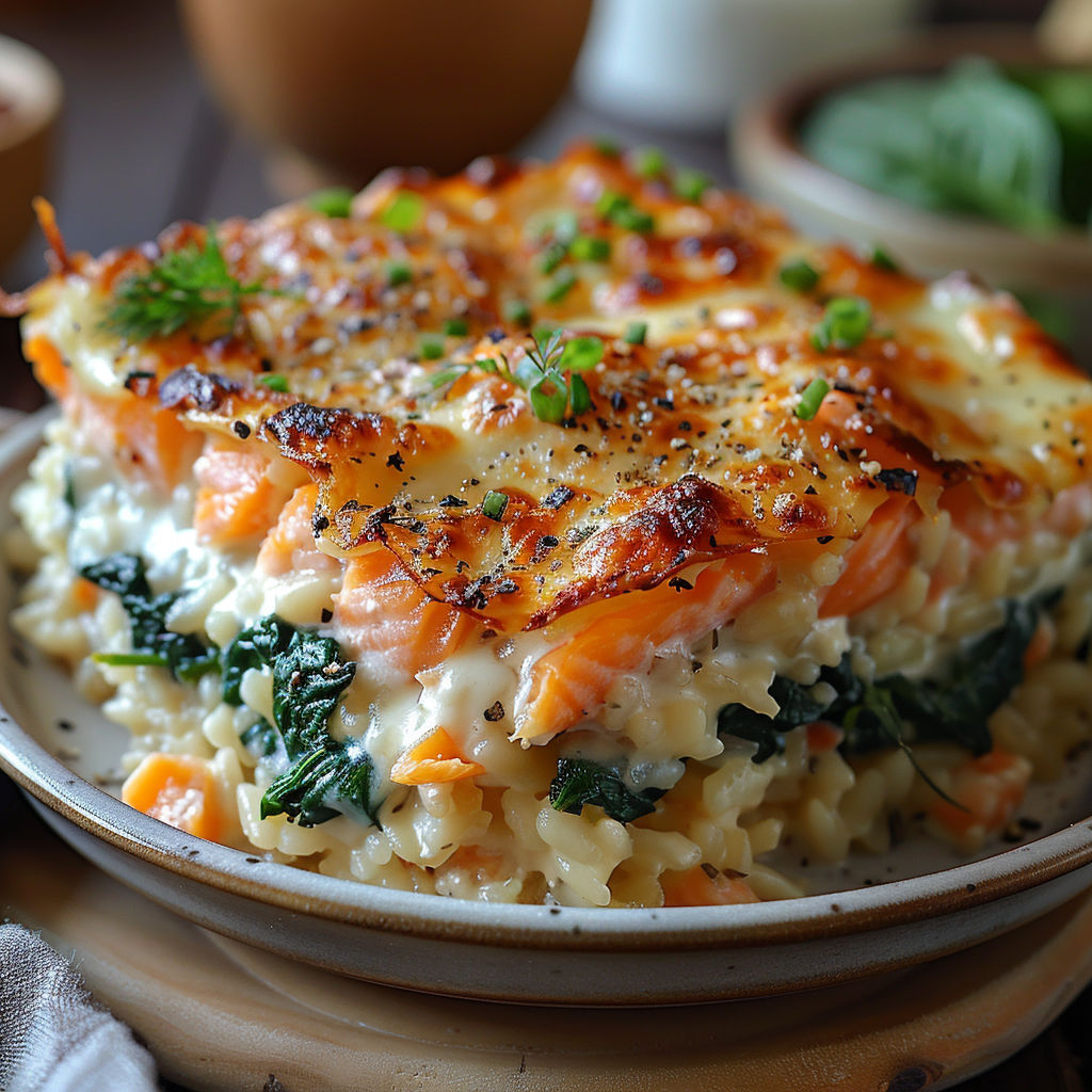 A dish of food with a piece of fish on top.