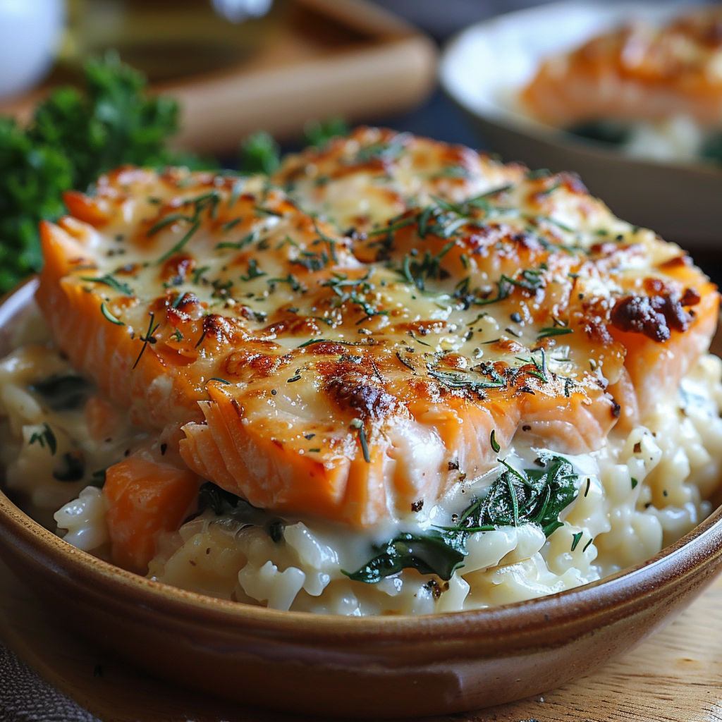 A bowl of food with a piece of fish on top.