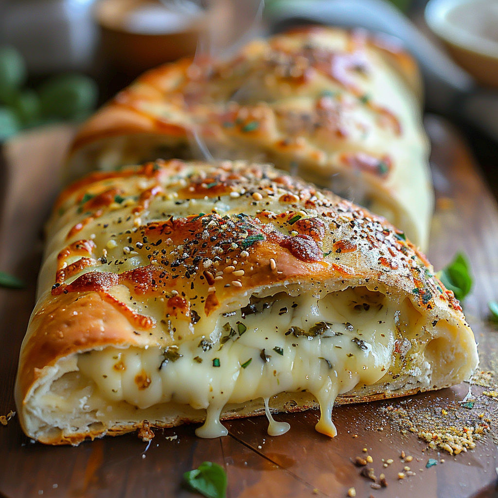 A calzone with cheese and herbs on a wooden cutting board.
