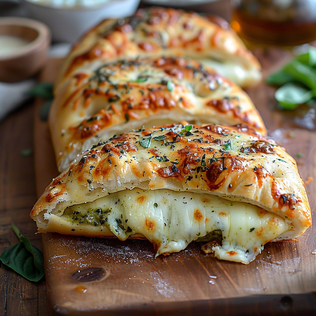 A pizza with cheese and spinach on a wooden board.