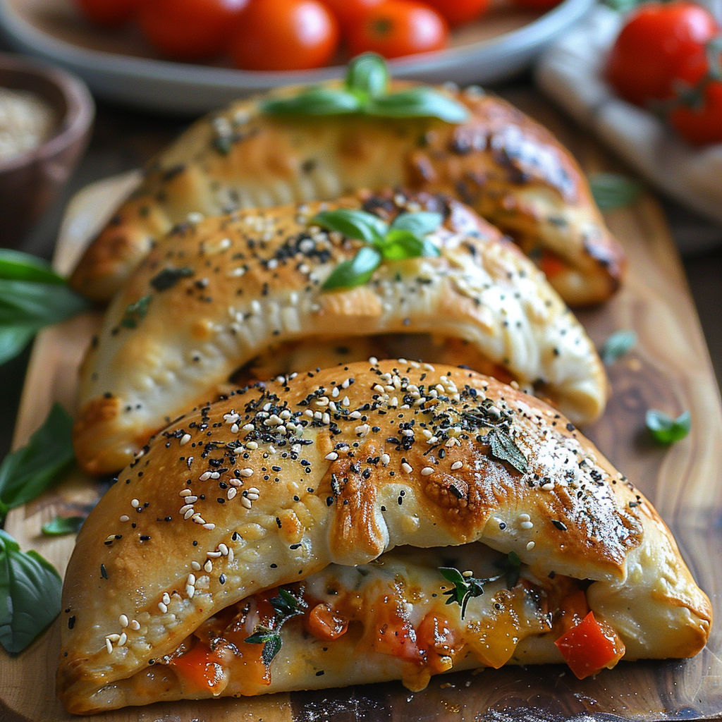 Three stuffed pizzas with tomatoes and basil.