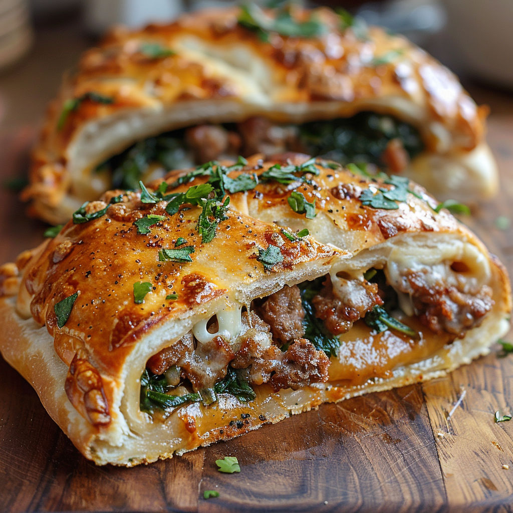 A close up of a calzone with meat and cheese.