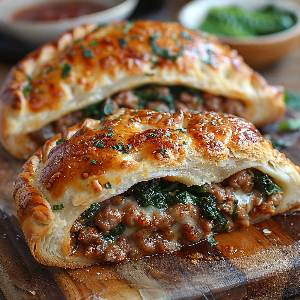 Two calzones filled with meat and spinach.