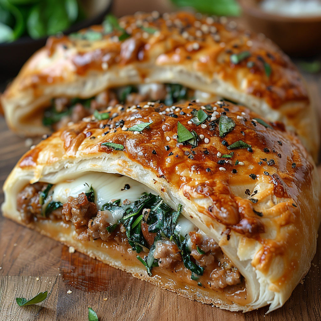 Two calzones filled with meat and spinach.