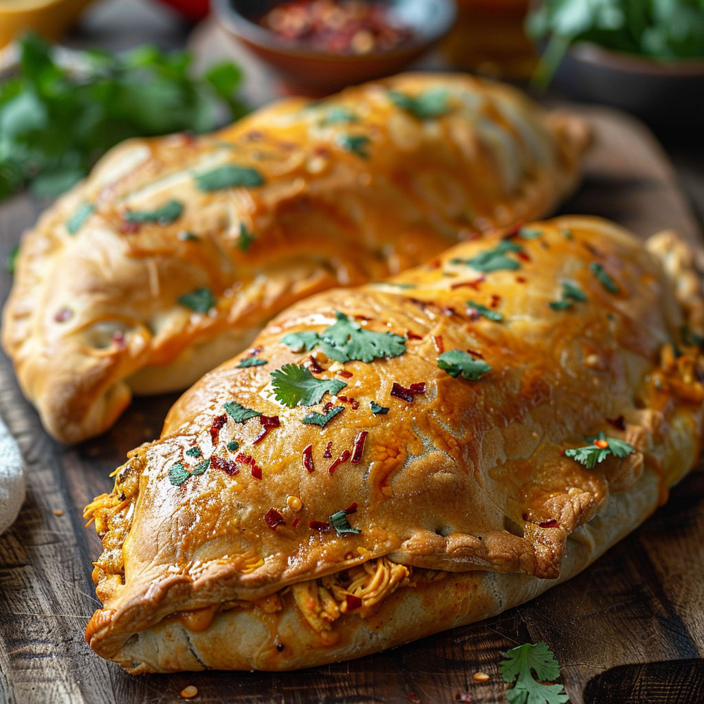 Two calzones with sauce and herbs.