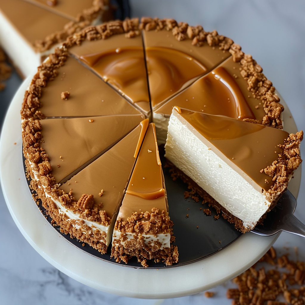 A slice of cheesecake with caramel sauce on top.