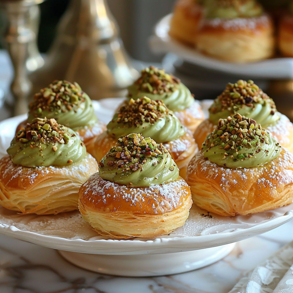 A plate of pastries with green toppings.
