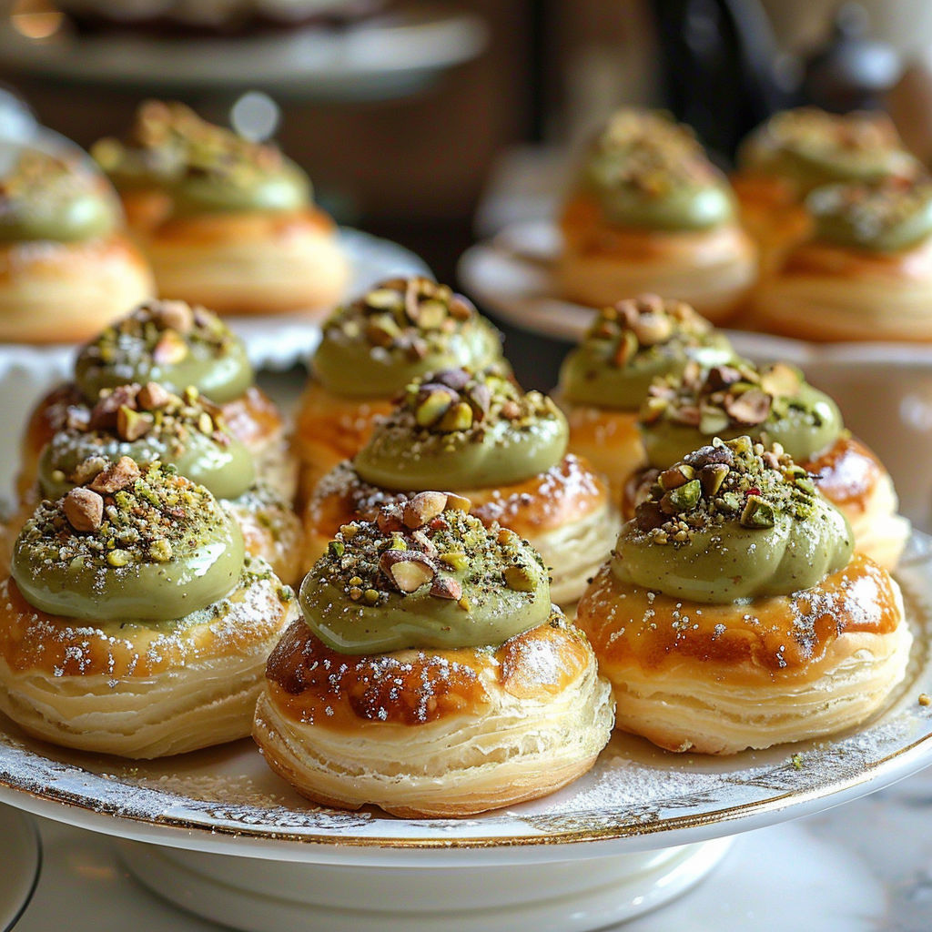 A plate of pastries with green toppings.