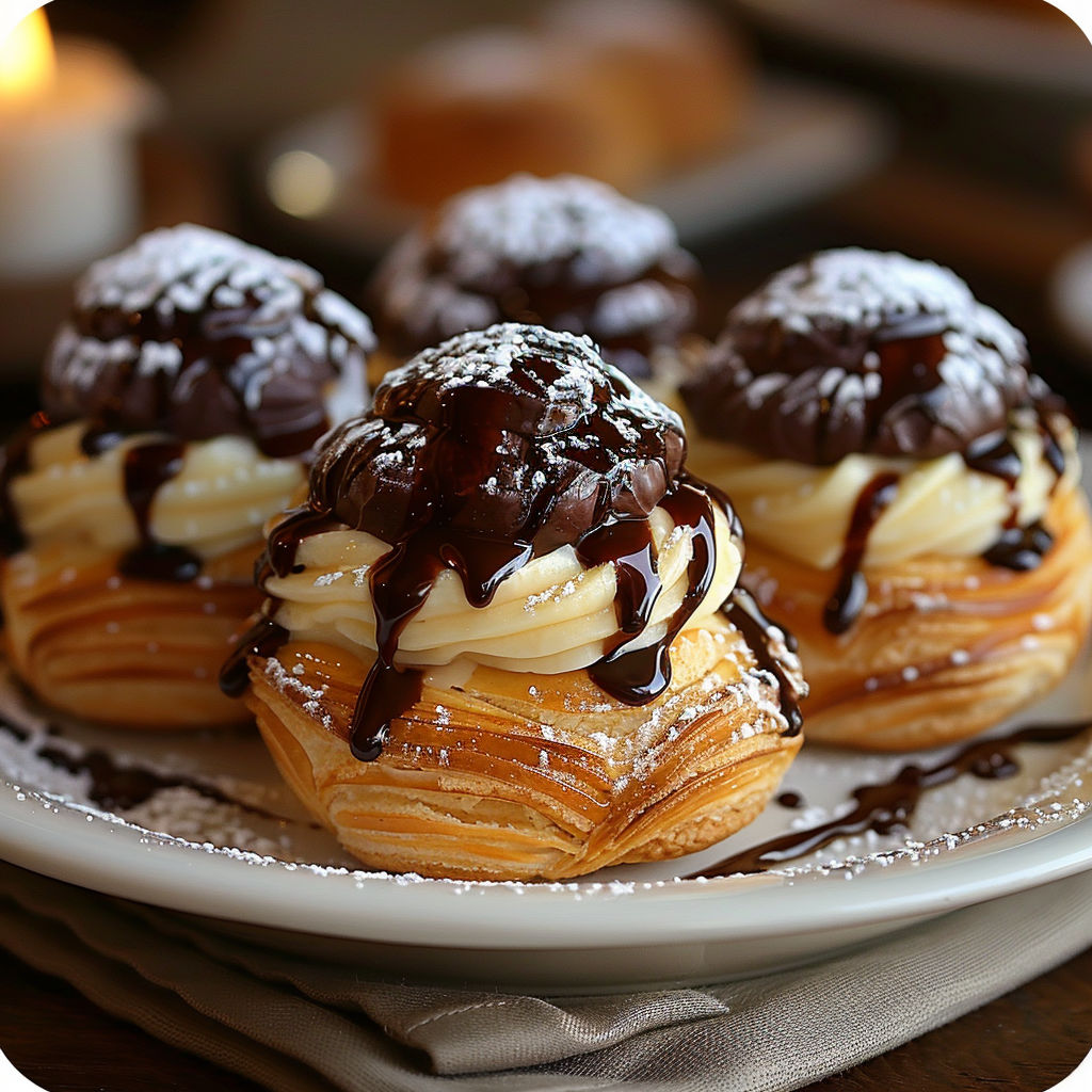 Three chocolate-covered pastries on a plate.
