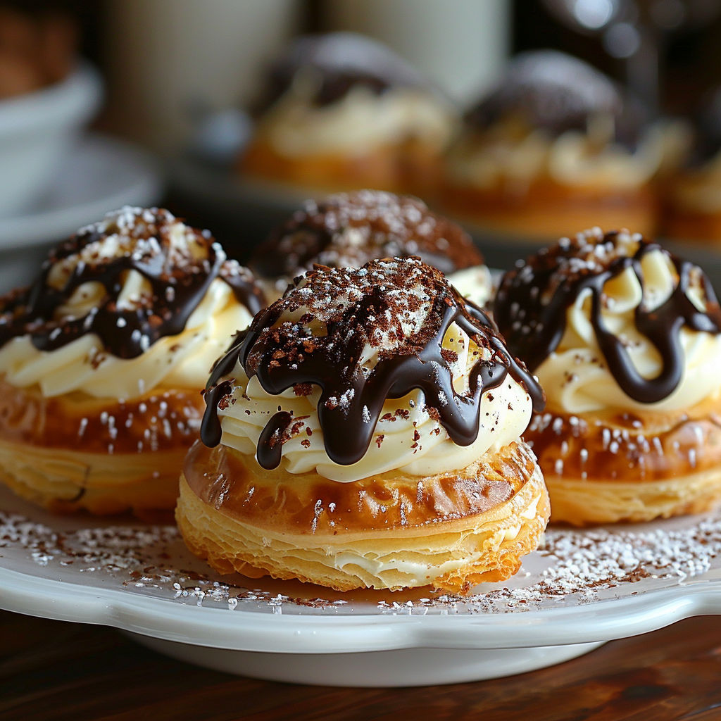 A plate of pastries with chocolate drizzled on top.