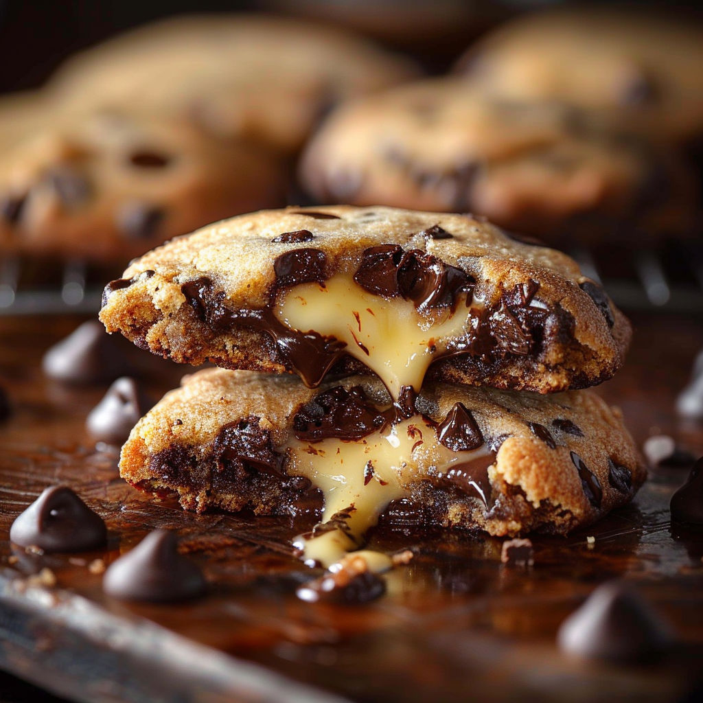 A close up of a chocolate chip cookie with melted cheese.