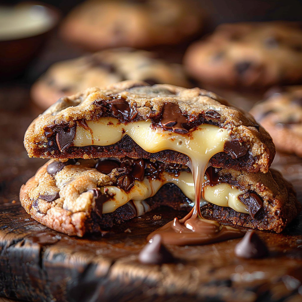 A chocolate chip cookie with melted cheese in the middle.