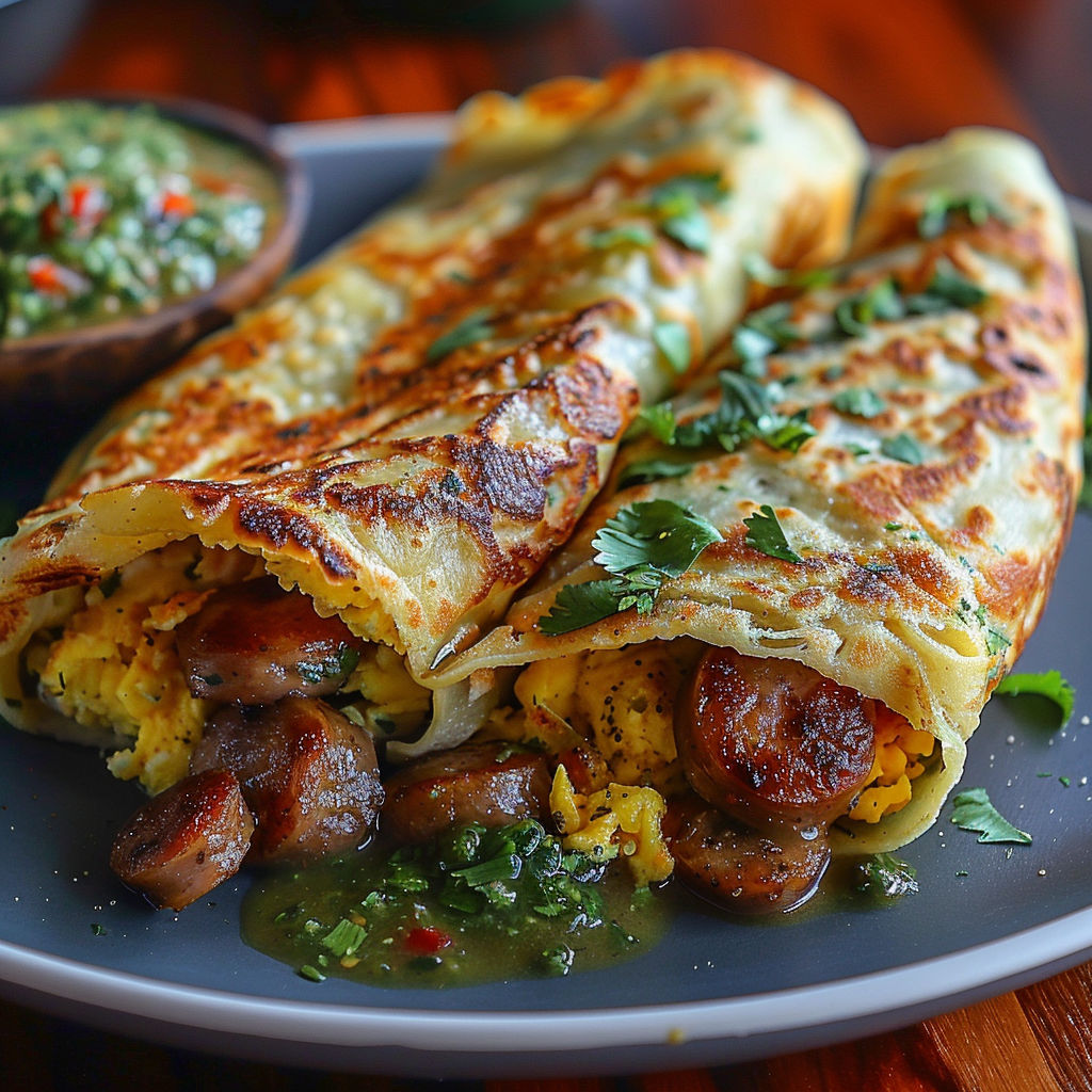 A delicious looking crêpe with eggs, sausage and salsa verde.