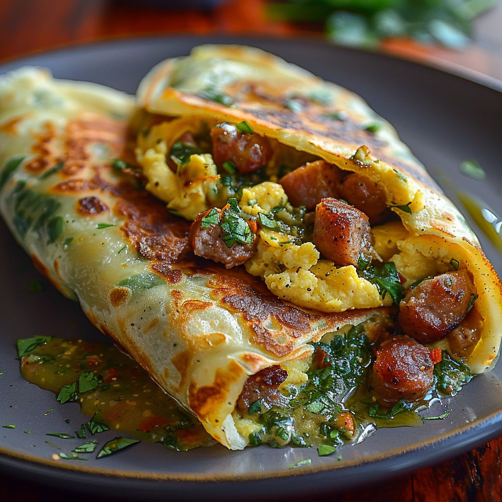 A breakfast sandwich with eggs, sausage, and spinach.