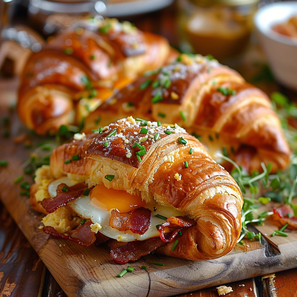 A croissant with an egg, bacon, and cheddar cheese.