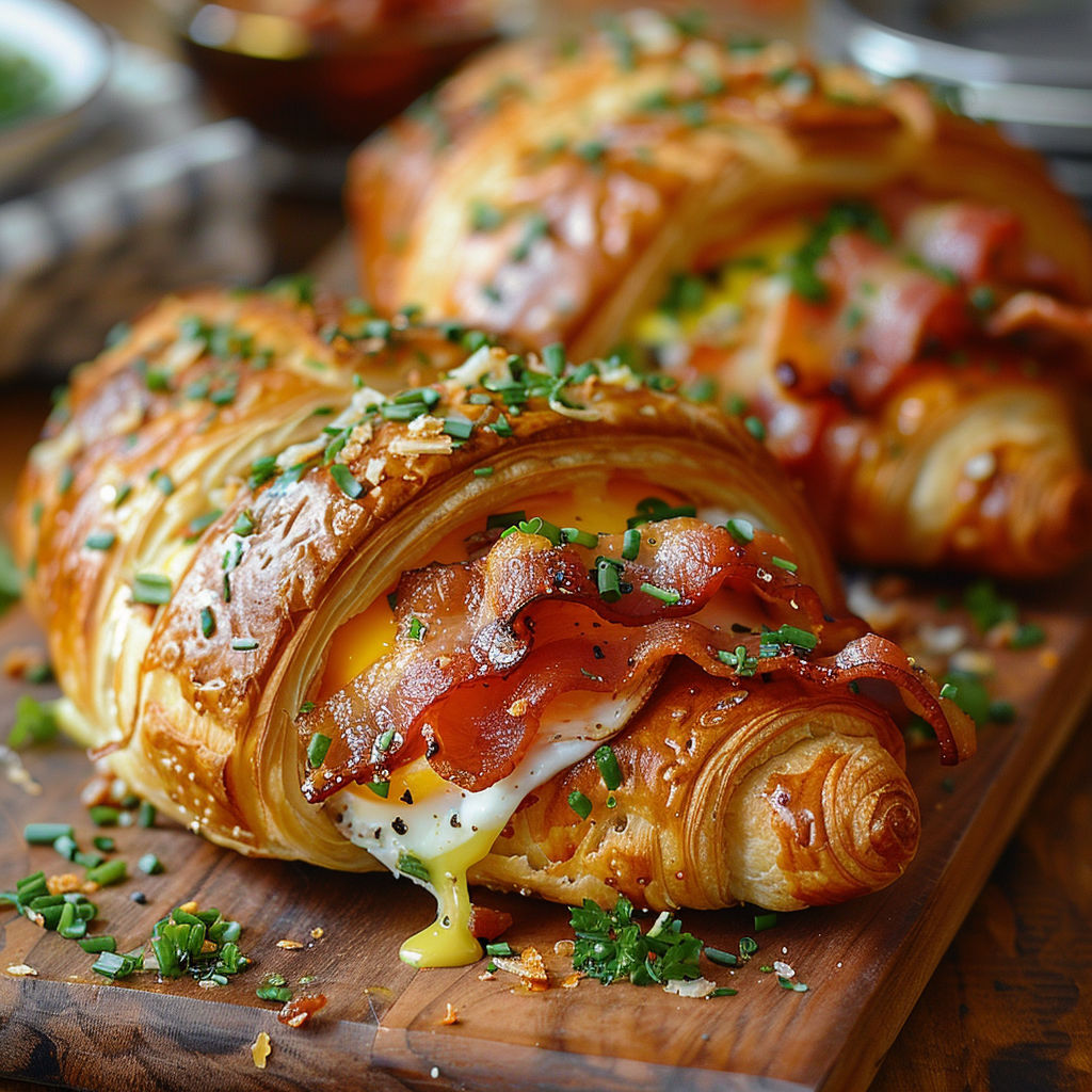 A croissant with bacon and egg inside.