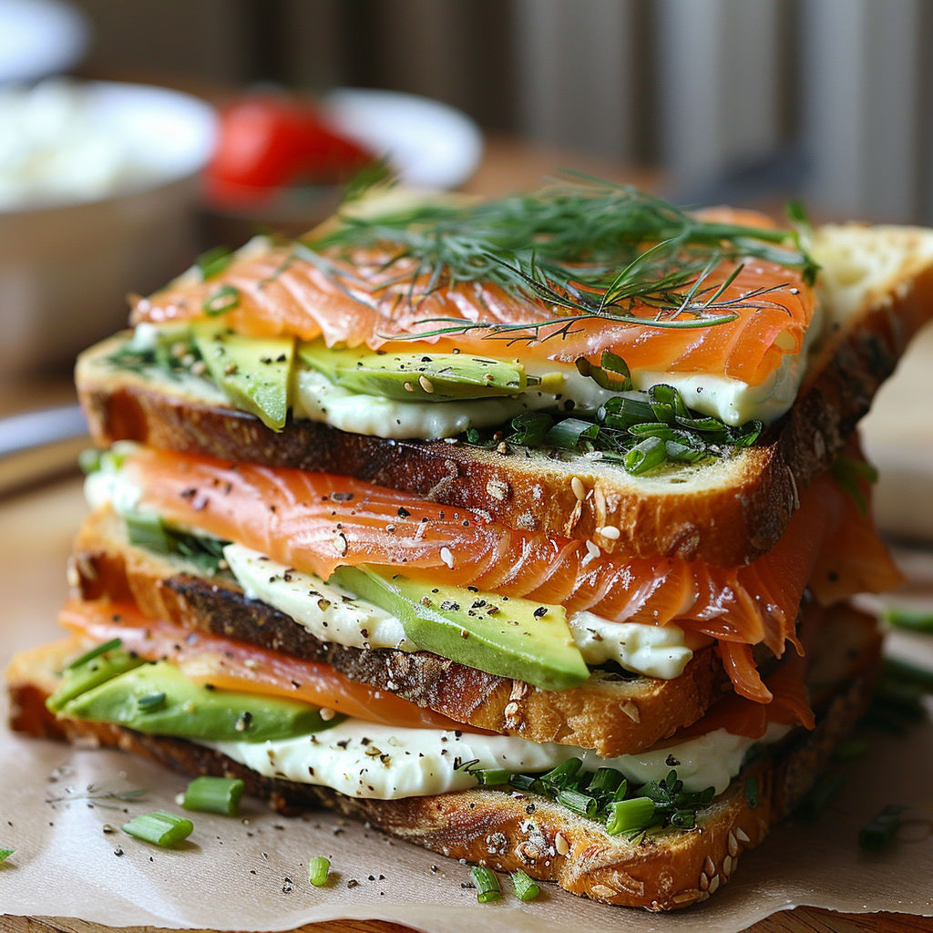 A stack of sandwiches with avocado, salmon, and tomato.