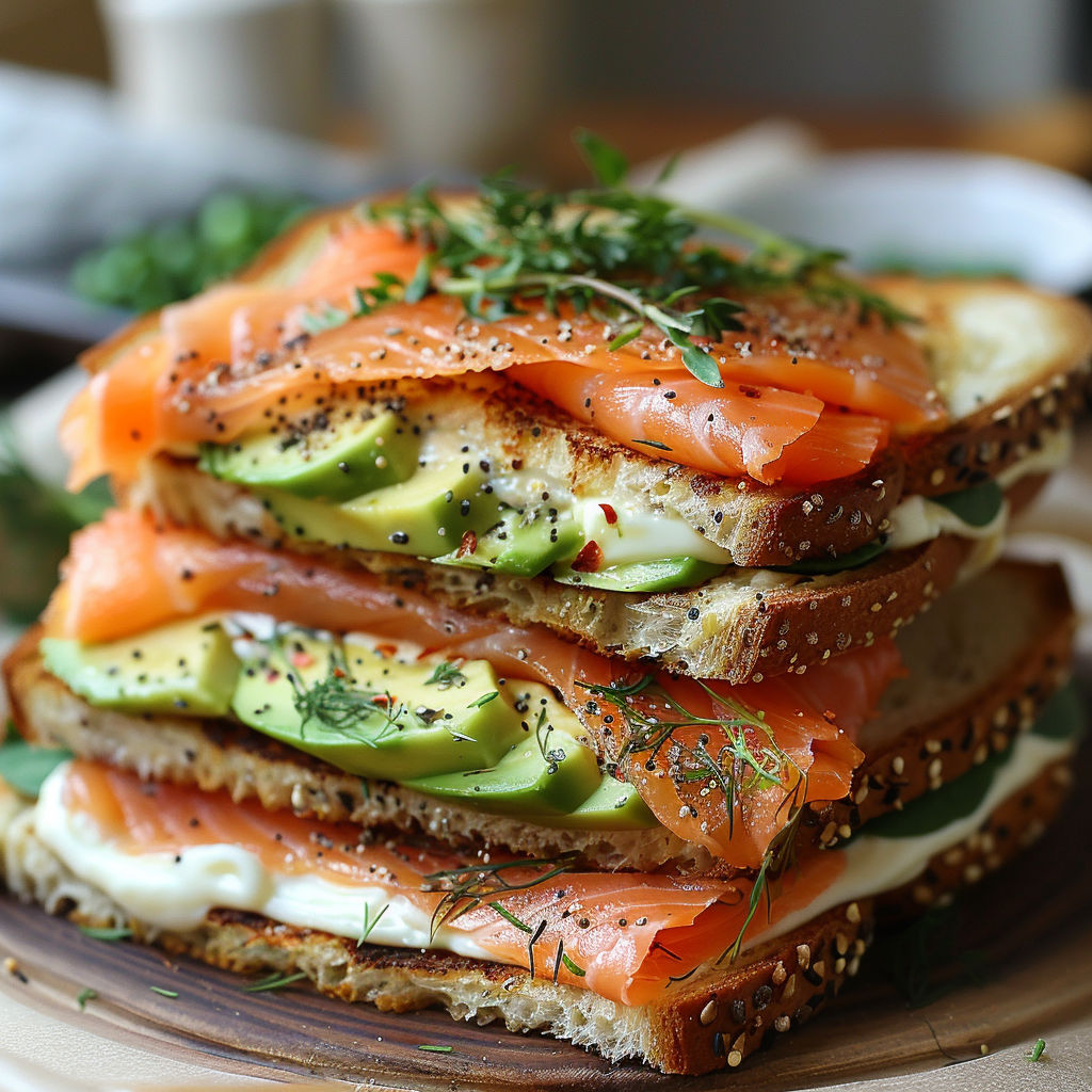 A stack of sandwiches with avocado and salmon.