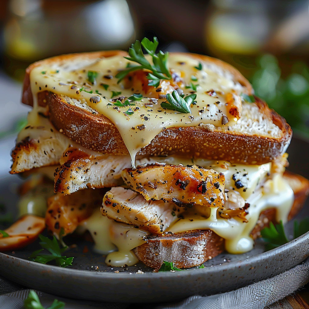 A plate of food with a croque au poulet and moutarde à l'ancienne.