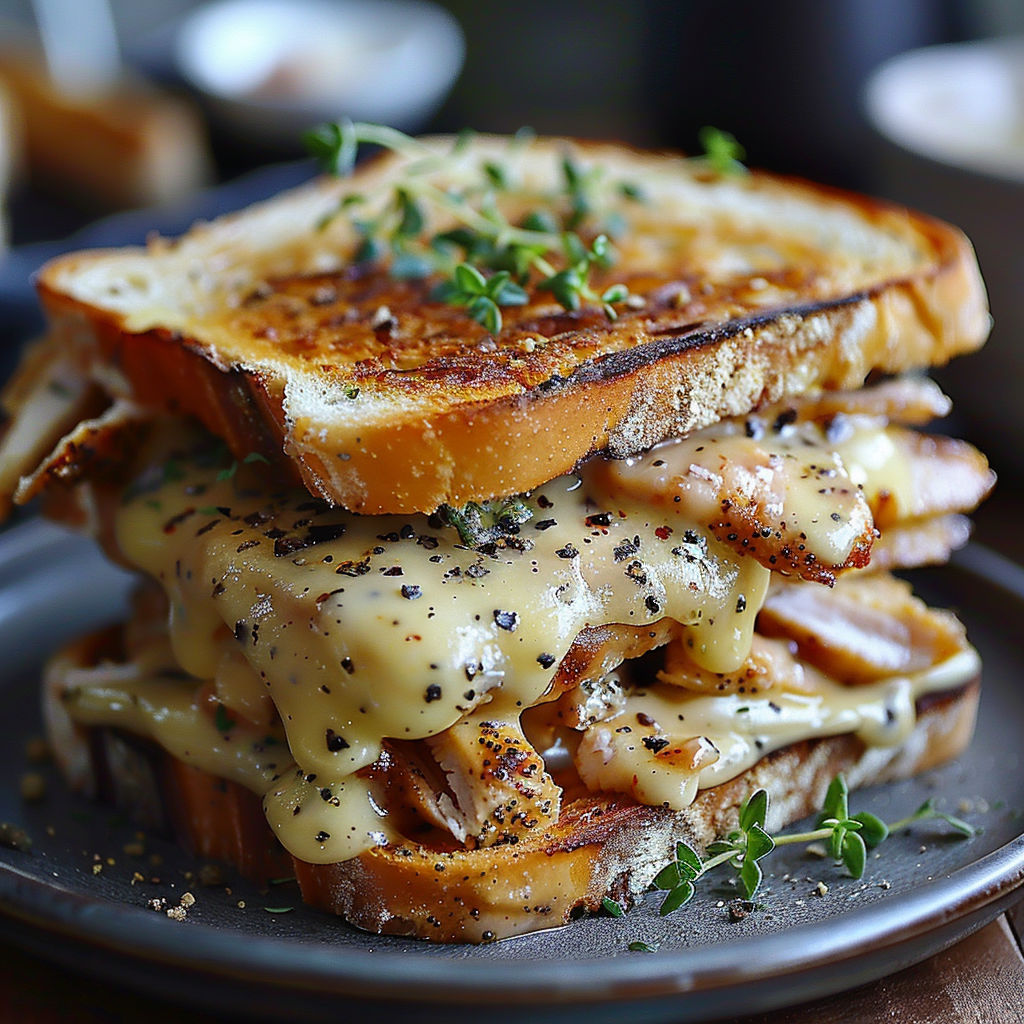 A sandwich with cheese and herbs on top.