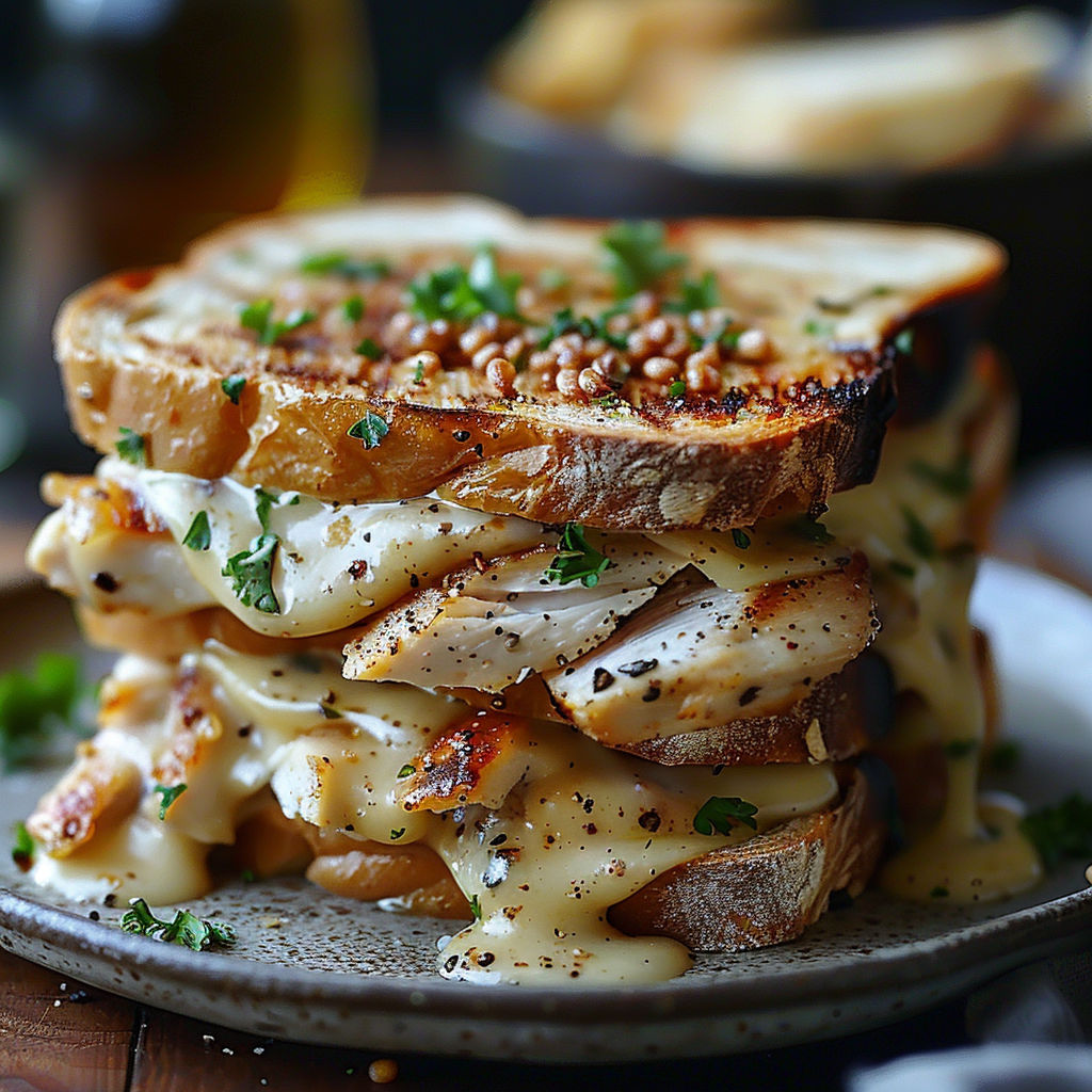 A stack of bread with meat and cheese on top.