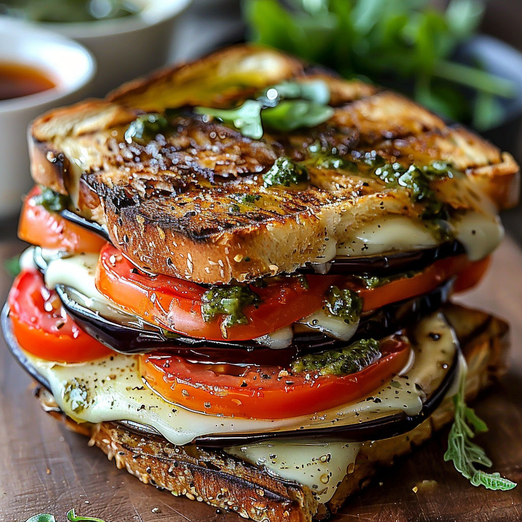 A stack of croque monsieur sandwiches with tomatoes and mozzarella.