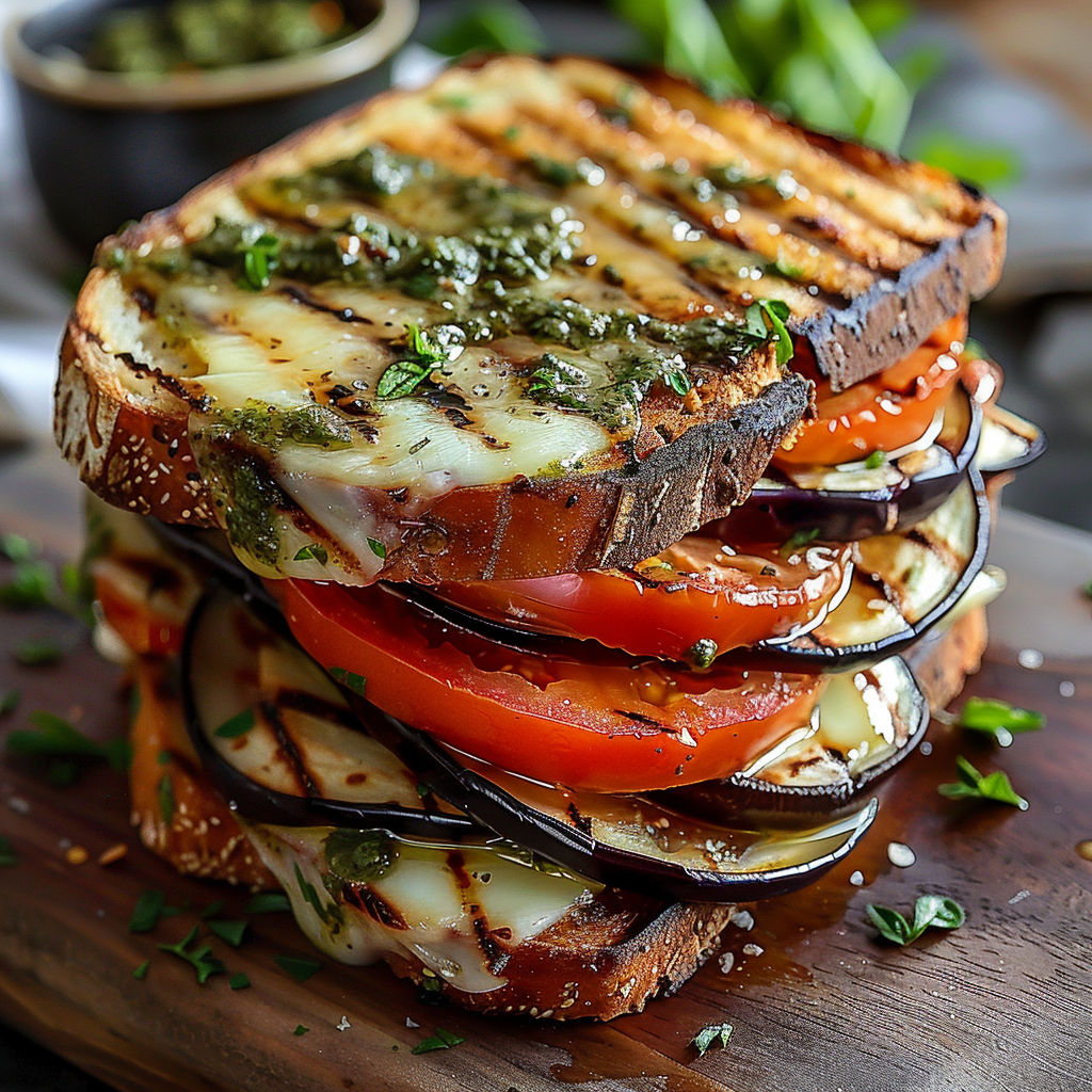 A stack of croque monsieur sandwiches with tomatoes and mozzarella.