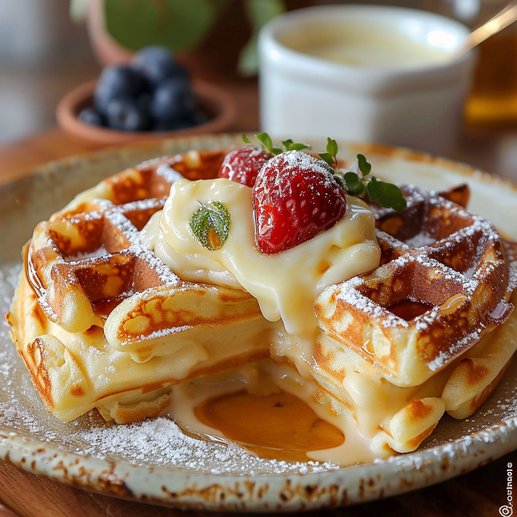 A plate of food with a waffle and strawberries.