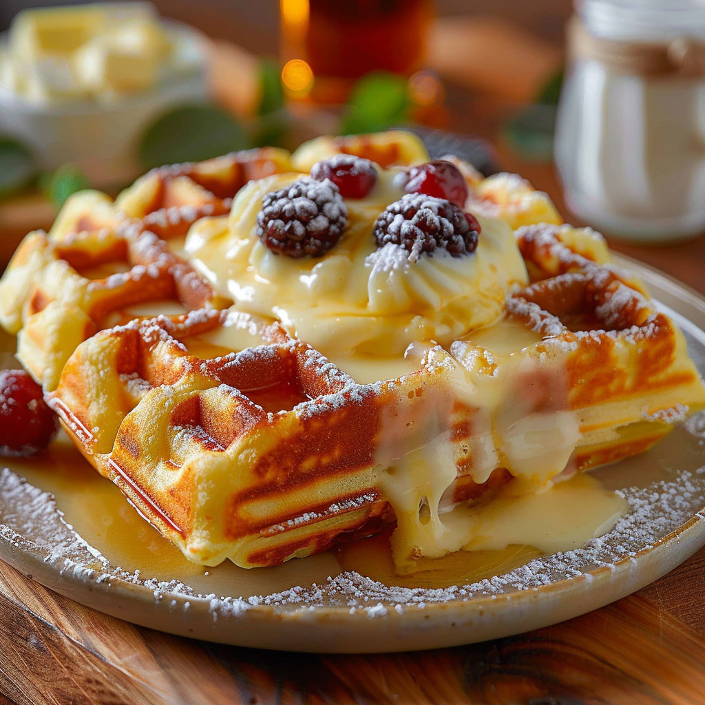 A waffle with berries and whipped cream.